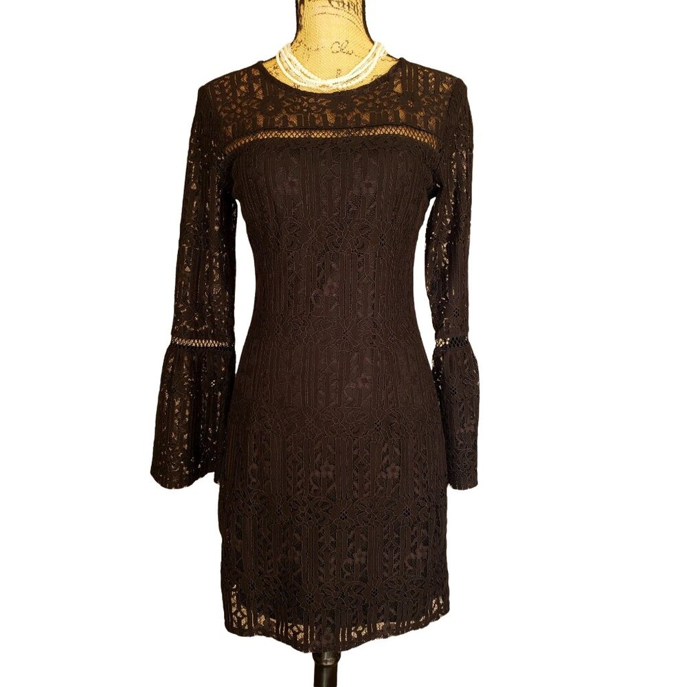 Xhilaration Womens S Dress Black Elegant Lace Bell Sleeve Fitted Formal Party